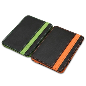 Minimalist magic wallet card holder with green and orange accents in textured leather