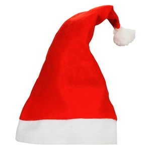 Close-up detail of classic red and white non-woven fabric Christmas hat for festive parties
