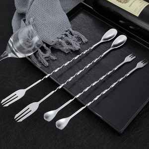 Set of four 304 stainless steel long handle spiral cocktail mixing spoons and forks