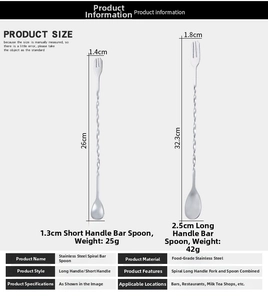 Dual-end stainless steel cocktail spoons with spiral handles and integrated forks