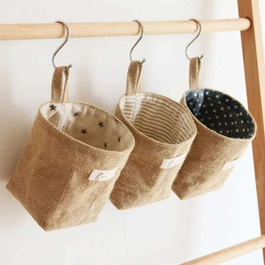 Hanging Storage Bag Small Jute Hemp Basket With Cotton Linen Lining For Wall Door Mounted Organizer Nordic Style