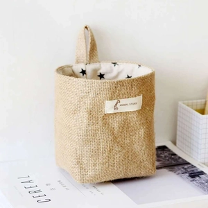 Hanging jute storage basket with animal story label and star pattern lining for wall decor