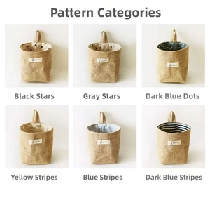 Hanging jute storage bags collection with star, polka dot, and striped pattern liners