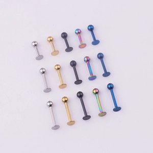 Variety of 316L surgical steel labret studs in silver, gold, black, blue and rainbow