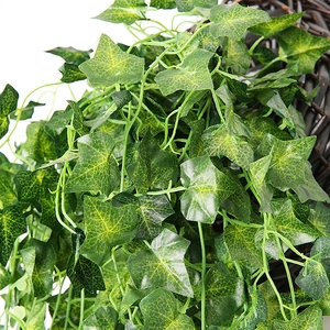 Close-up of green artificial ivy vines with realistic leaf texture and natural veins