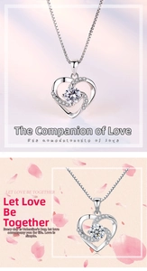 Detailed view of S925 silver rotating heart pendant necklace with shimmering center stone