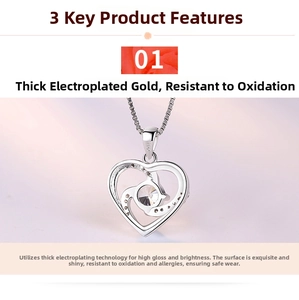Detailed view of rotating heart-shaped S925 sterling silver necklace with rhodium plating