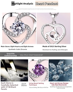 Detailed view of S925 silver heart necklace with 57-facet cubic zirconia heart stones.