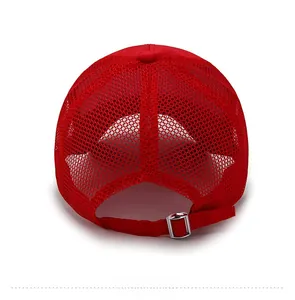 Rear view of red mesh sun hat showing breathable net and adjustable silver metal buckle