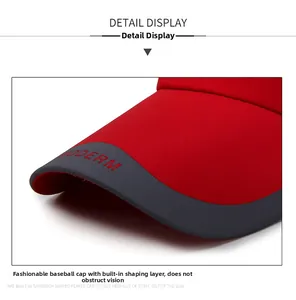 Detail of red mesh cap brim with MODERN lettering and reinforced inner layer design