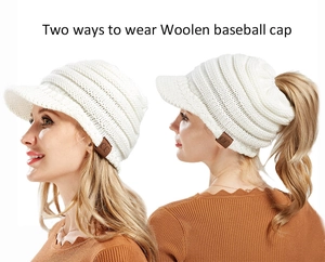 Two ways to wear white knitted ponytail baseball cap featuring a C.C brand leather patch