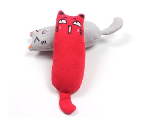 Detail of durable cotton catnip toys with quirky cat face embroidery and thick fabric