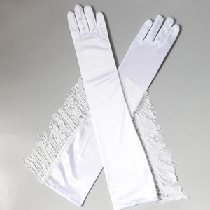 Detail of white long satin gloves featuring decorative fringe tassels on light background