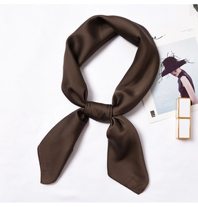Detail of a dark brown satin neck scarf styled with an elegant knot on a white background