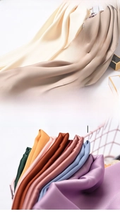 Macro detail of silky satin texture and multiple solid color professional square scarves