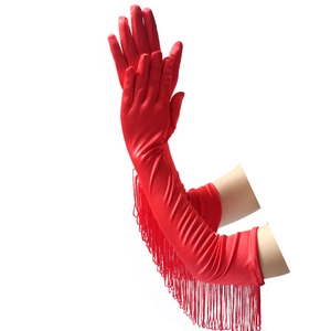 Detailed view of red long satin gloves with fringe tassels for Latin dance costumes