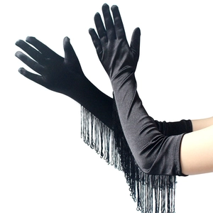 Elegant black long satin fringe gloves for bridal, dance performances and evening wear