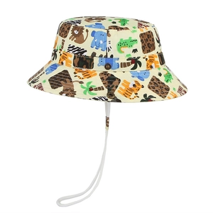 Detail of yellow kids bucket hat with animal prints and adjustable white drawstring