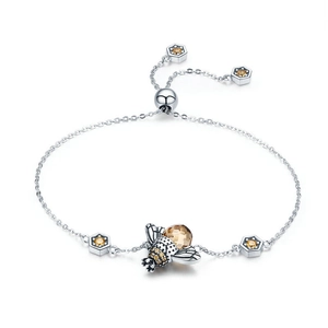 S925 sterling silver honeybee bracelet with yellow crystals and hexagon pendants