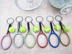 Set of 6 mini tennis racket and ball keychains in multi-color metallic zinc alloy