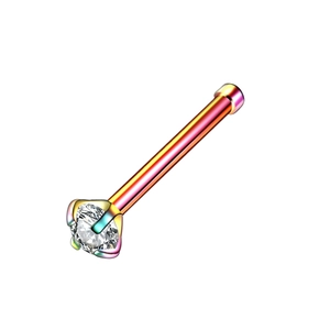 Detailed view of a rainbow plated stainless steel nose stud with a round cubic zirconia
