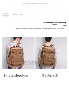 Dual-view of large brown canvas travel backpack showing shoulder and back carrying modes