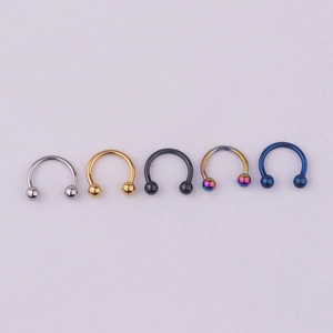 Five 316L stainless steel circular horseshoe rings in silver, gold, black, blue and rainbow