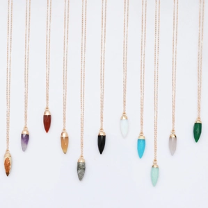 Natural crystal pointed bullet pendant necklace in various colors with golden chain
