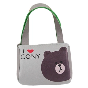 Miniature gray doll handbag with green handle and cute bear print for 18 inch dolls