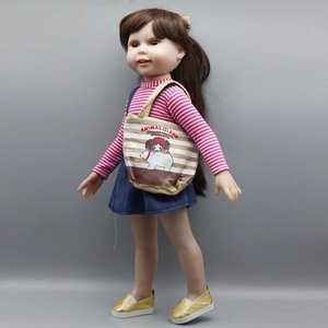 Detailed side view of an 18-inch doll wearing a pink striped top and denim skirt