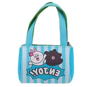 Mini blue and green striped carry bag for 18-inch dolls featuring cute cartoon characters