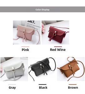 Display colori di mini borse a tracolla in rosa, bordeaux, grigio, nero e marrone