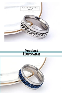 Close-up of rotating chain detail on stainless steel industrial rings in silver and blue