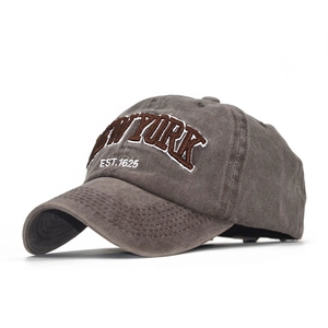 Detail shot of vintage washed gray cotton baseball cap with New York embroidery