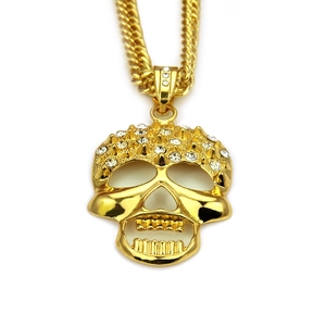 Hip-Hop-Stil großer goldener Totenkopf-Anhänger Halskette mit funkelnden Strasssteinen