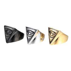 Retro titanium steel rings featuring the Eye of Providence in gold, silver, and black