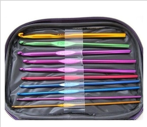 Detailed view of 10 colorful aluminum crochet hooks in a black zippered storage case