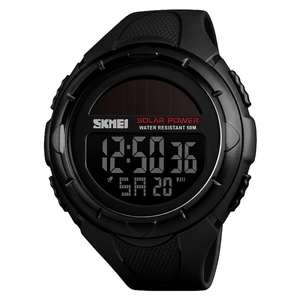 Solar powered sports watch with 50M water resistance and black resin strap macro view