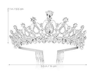 Detail view of silver bridal tiara with dimensions of 5.5 cm height and 14 cm width