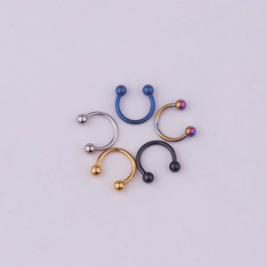 Five 316L stainless steel horseshoe piercing rings in multiple colors on a purple background