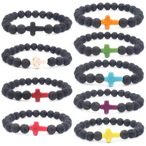 Retro Lava Stone Cross Beaded Bracelet Colorful Synthetic Turquoise Cross Elastic Yoga Bracelet Unisex Fashion Jewelry