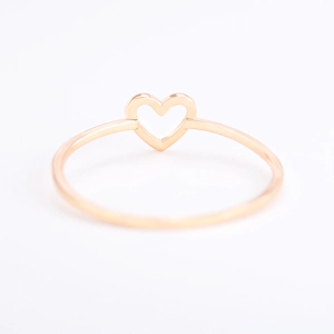 Detail shot of a rose gold minimalist ring featuring a hollow heart-shaped design