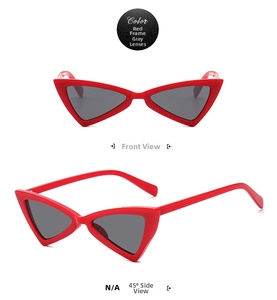 Front and side macro views of fashion red cat-eye sunglasses with dark grey lenses