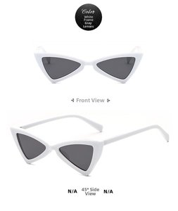 Detailed views of white triangle cat eye sunglasses with smoke grey lenses from dual angles