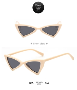 Front and 45-degree side view of cream triangle cat-eye sunglasses with grey lenses