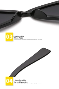Detail of comfortable nose pads and ergonomic temples on black cat eye sunglasses