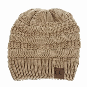 Detailed close-up of khaki acrylic knit beanie featuring thick texture and C.C leather tag