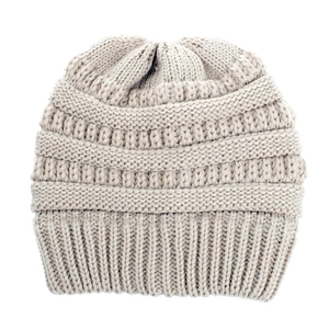 Macro shot of beige ribbed knit beanie texture with elastic cuff and soft yarn detail