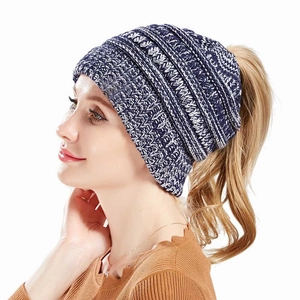 Solid color knit ponytail beanie for women, warm winter cable knit cap with top opening