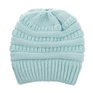 Detail of light blue knit ponytail beanie showing top opening and ribbed texture